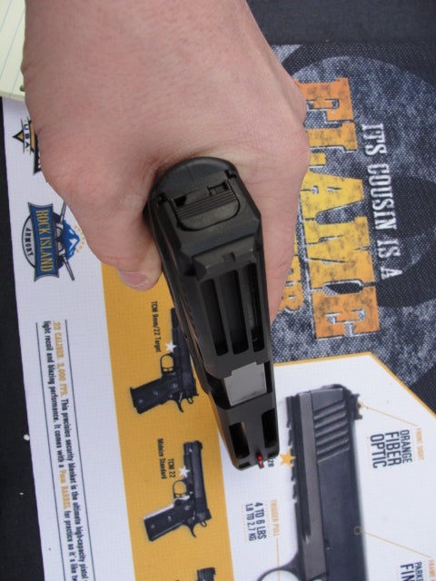 The vented slide seems to be an RIA design, and significantly reduces the weight of this Glock.